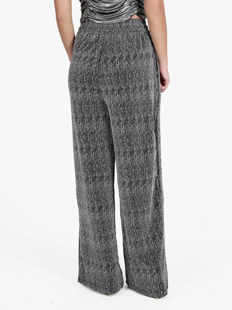 Pantaloni eleganti da donna a gamba larga con strass - argento