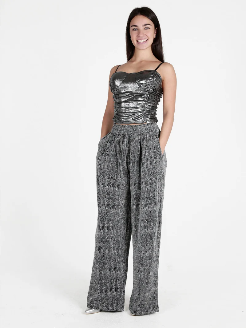 Pantaloni eleganti da donna a gamba larga con strass - argento