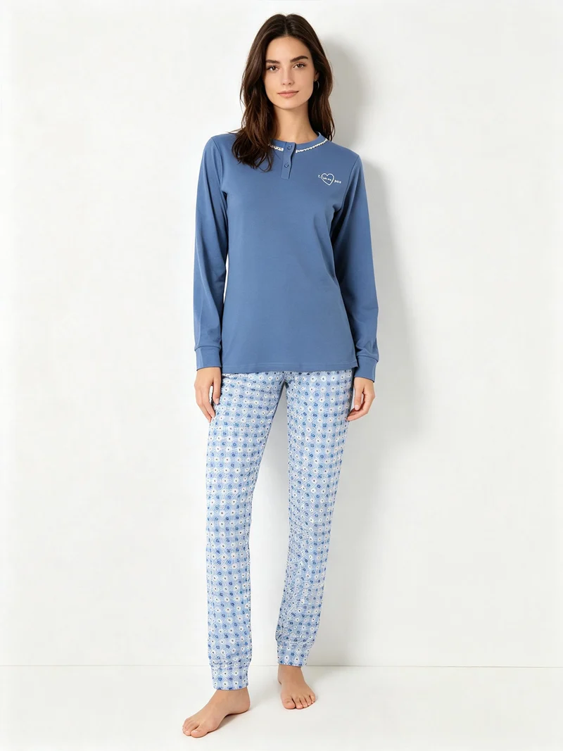 Pigiama lungo da donna in cotone interlock con pantaloni a quadretti - jeans