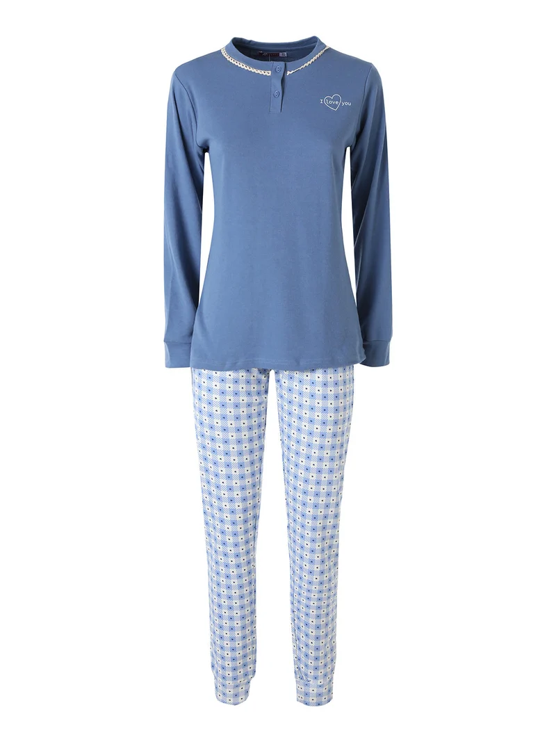 Pigiama lungo da donna in cotone interlock con pantaloni a quadretti - jeans