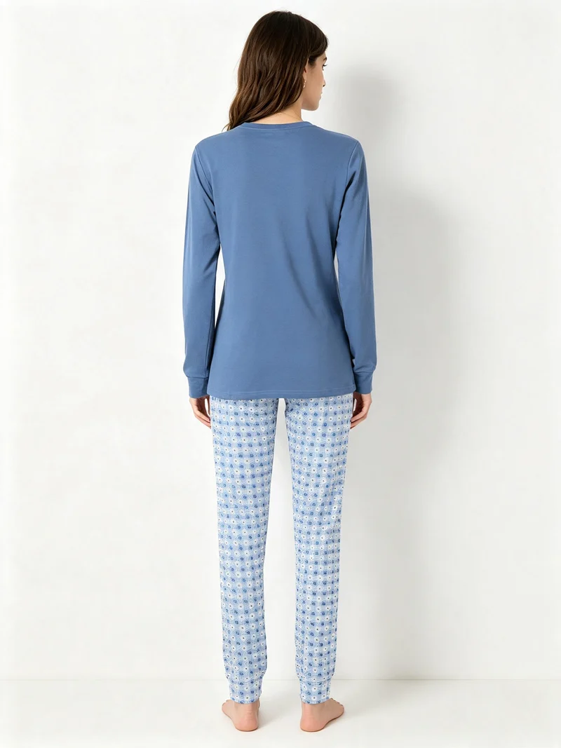 Pigiama lungo da donna in cotone interlock con pantaloni a quadretti - jeans
