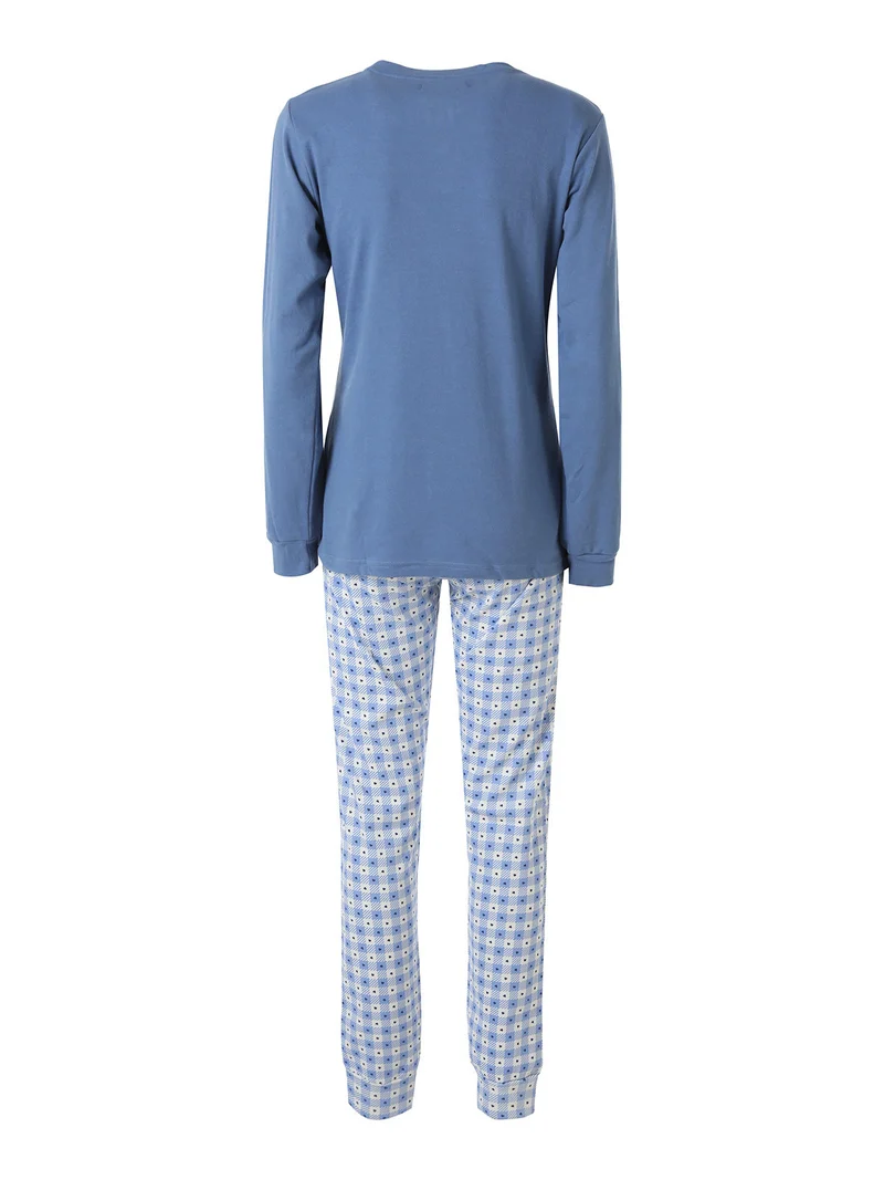 Pigiama lungo da donna in cotone interlock con pantaloni a quadretti - jeans