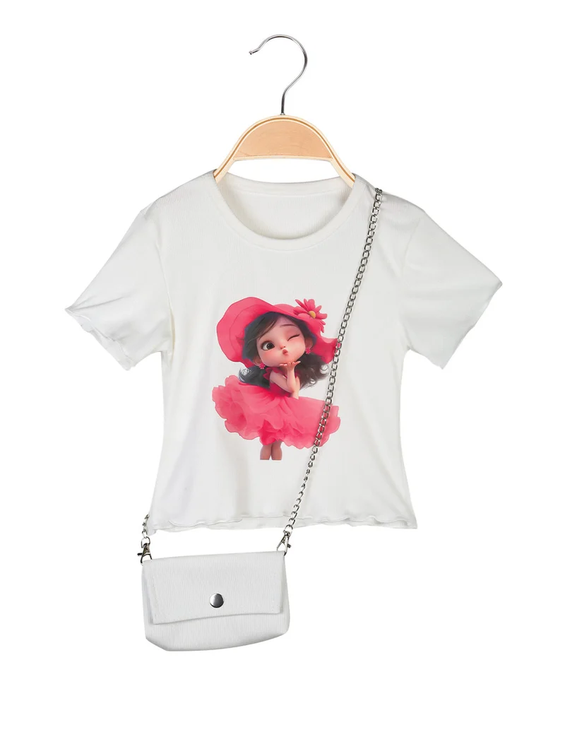T-shirt cropped da bambina con stampa e borsetta - bianco