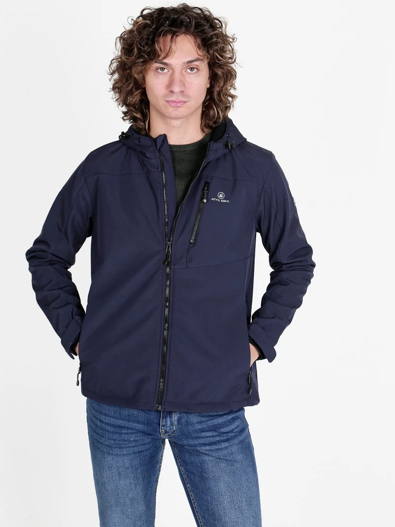 Giacca impermeabile da uomo con cappuccio e interno in pile - blu scuro