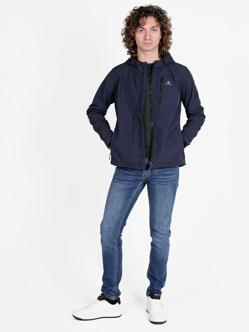 Giacca impermeabile da uomo con cappuccio e interno in pile - blu scuro