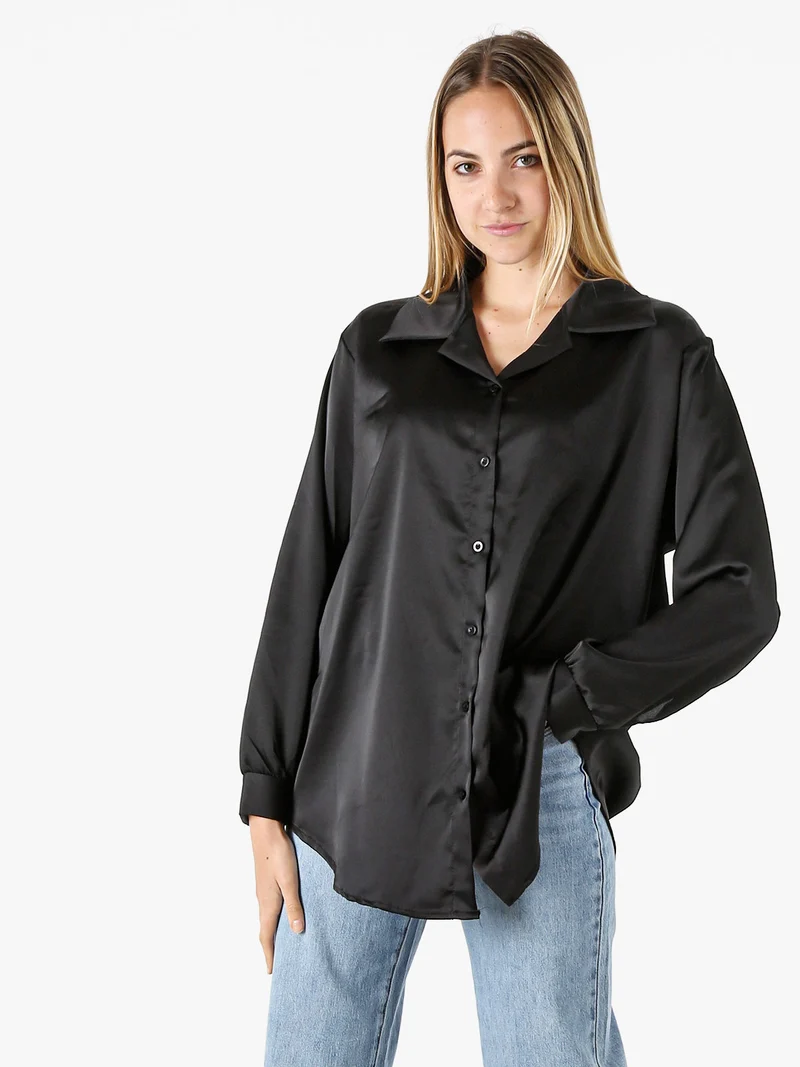 Camicia da donna a maniche lunghe in tessuto simil raso - nero