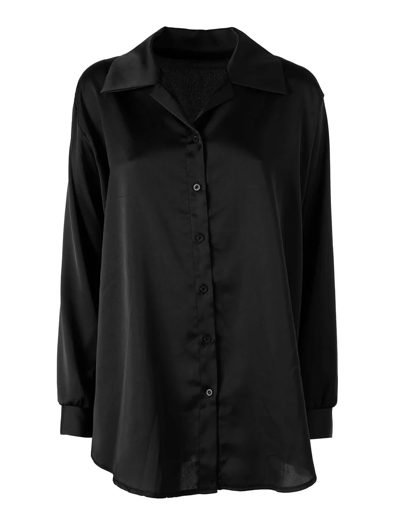 Camicia da donna a maniche lunghe in tessuto simil raso - nero
