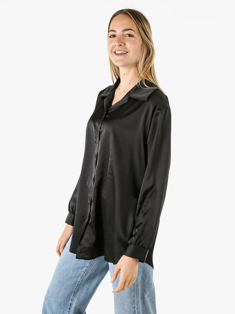 Camicia da donna a maniche lunghe in tessuto simil raso - nero