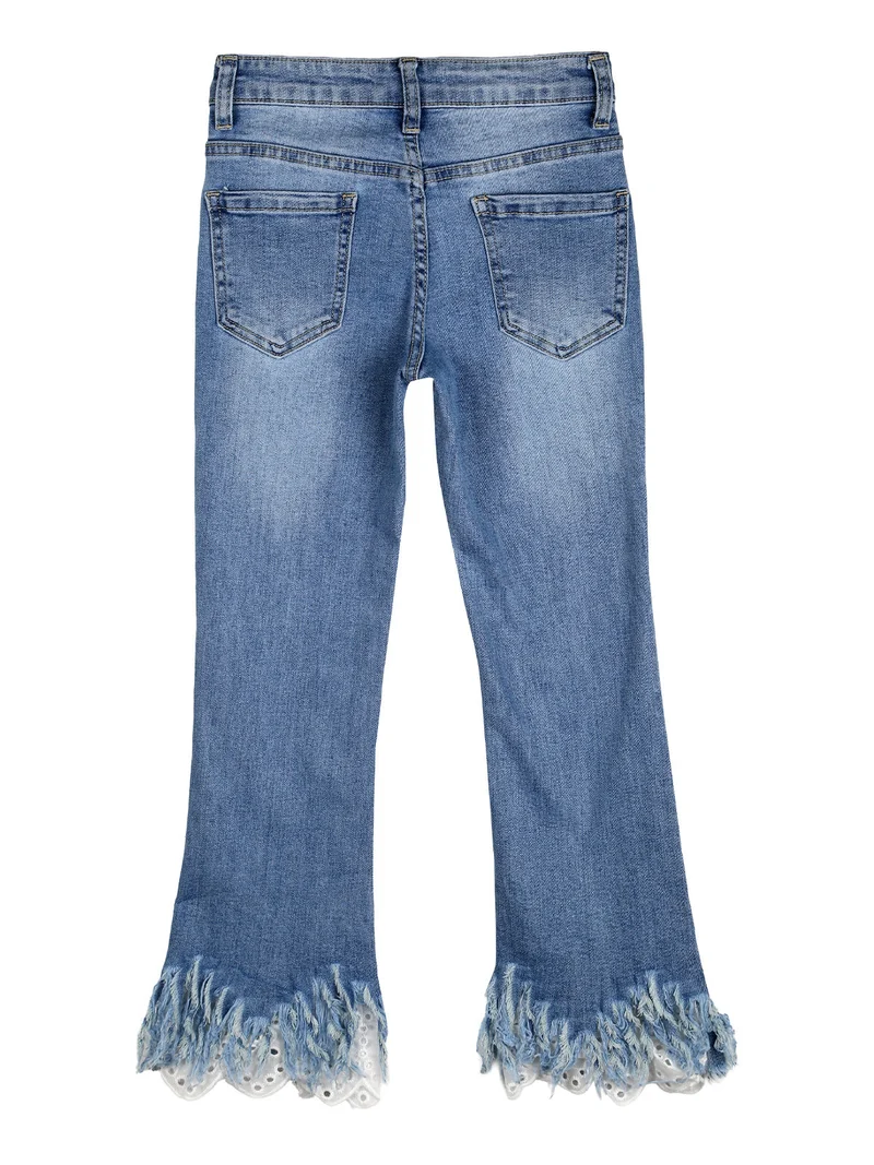 Jeans crop da bambina con finale a zampa sfrangiato in macramè - jeans