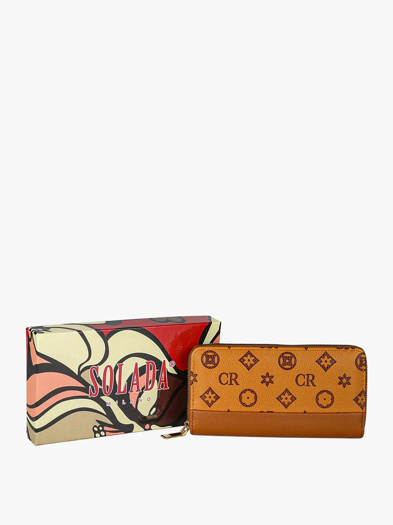 Portafoglio donna con stampa monogramma e zip - cuoio