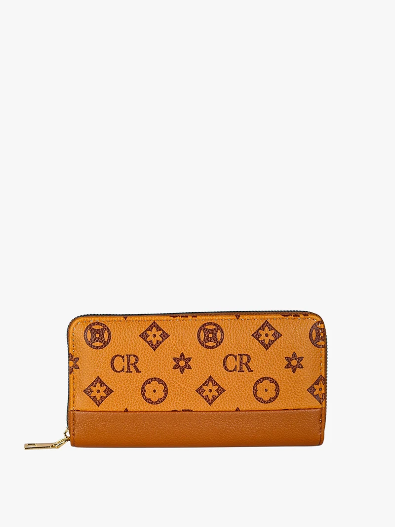 Portafoglio donna con stampa monogramma e zip - cuoio