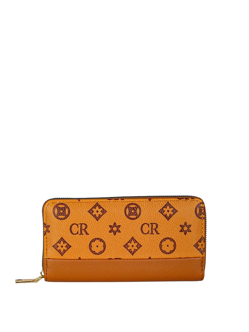 Portafoglio donna con stampa monogramma e zip - cuoio