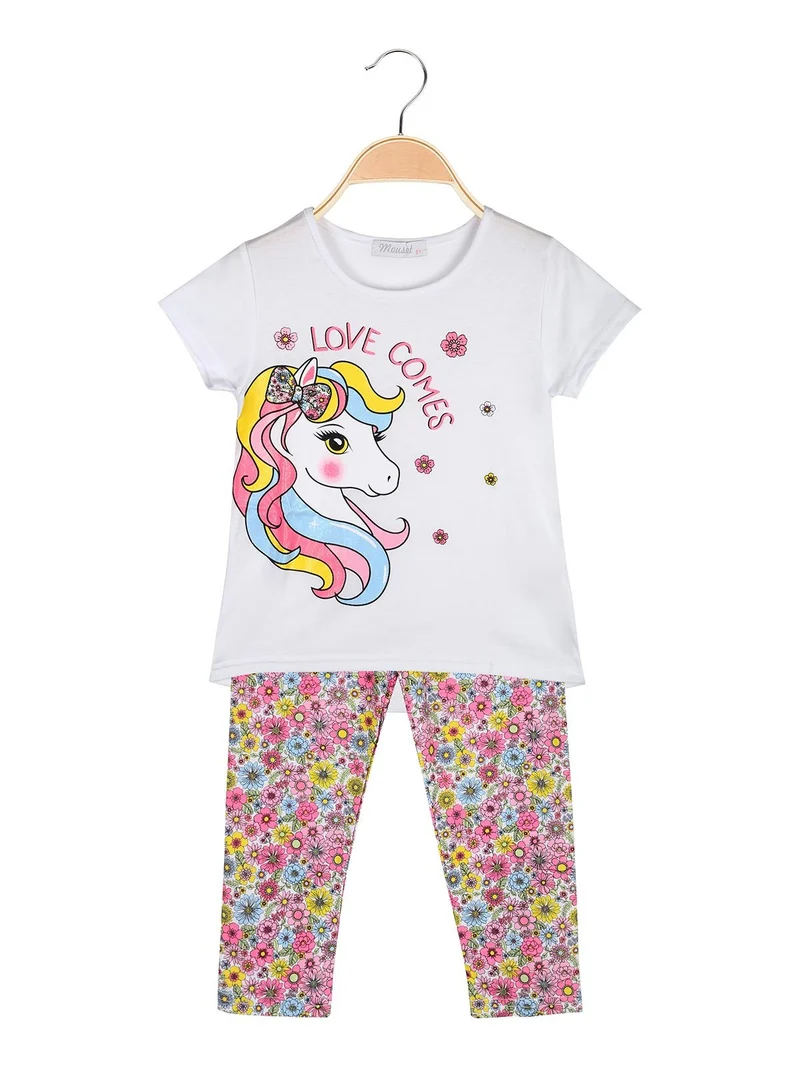 Completo da bambina 2 pezzi con t-shirt e leggings fiorati a 3/4 - bianco