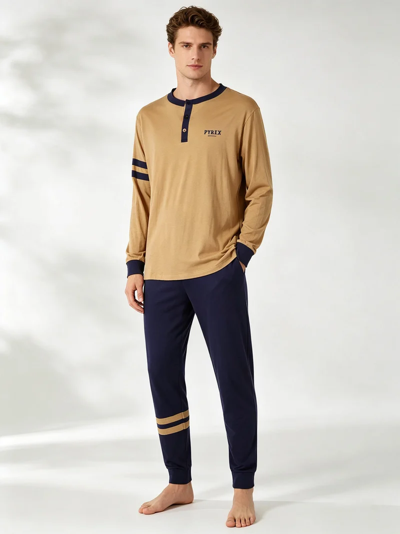 Pigiama lungo da uomo in cotone - beige