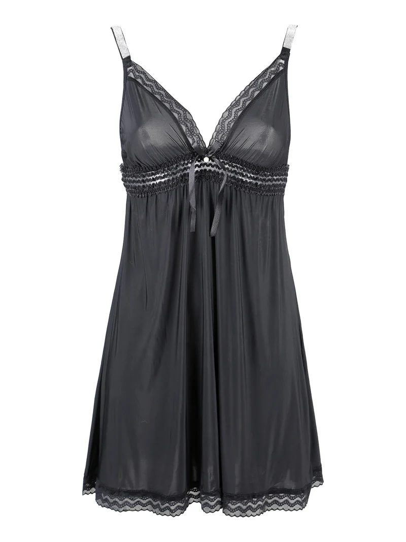 Baby doll con strass e pizzo+ perizoma - nero