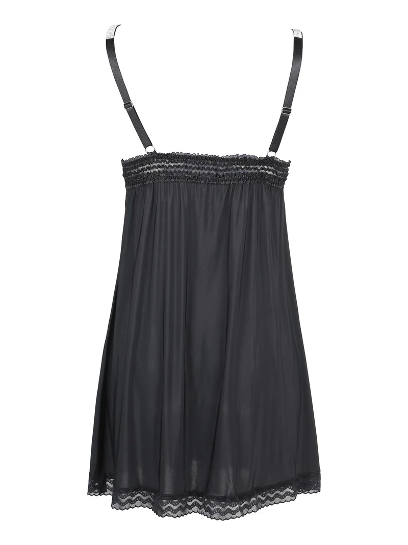 Baby doll con strass e pizzo+ perizoma - nero