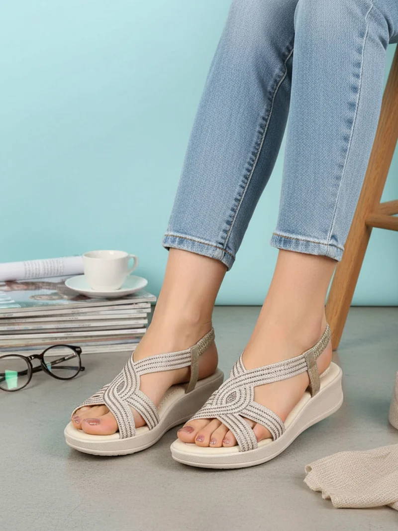 Sandali donna strass con zeppa e cinturino elastico - platino