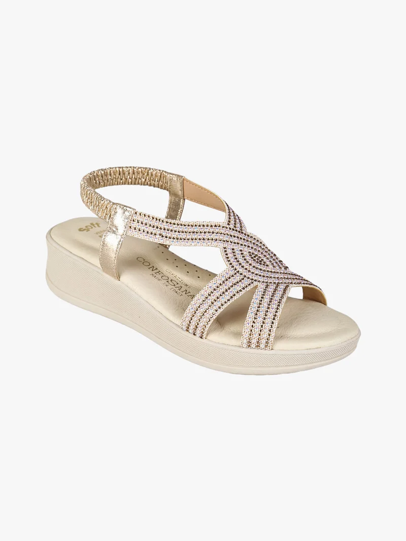 Sandali donna strass con zeppa e cinturino elastico - platino