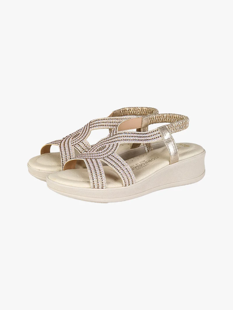 Sandali donna strass con zeppa e cinturino elastico - platino