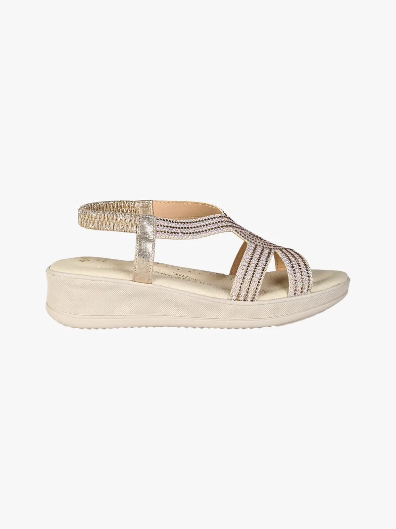 Sandali donna strass con zeppa e cinturino elastico - platino