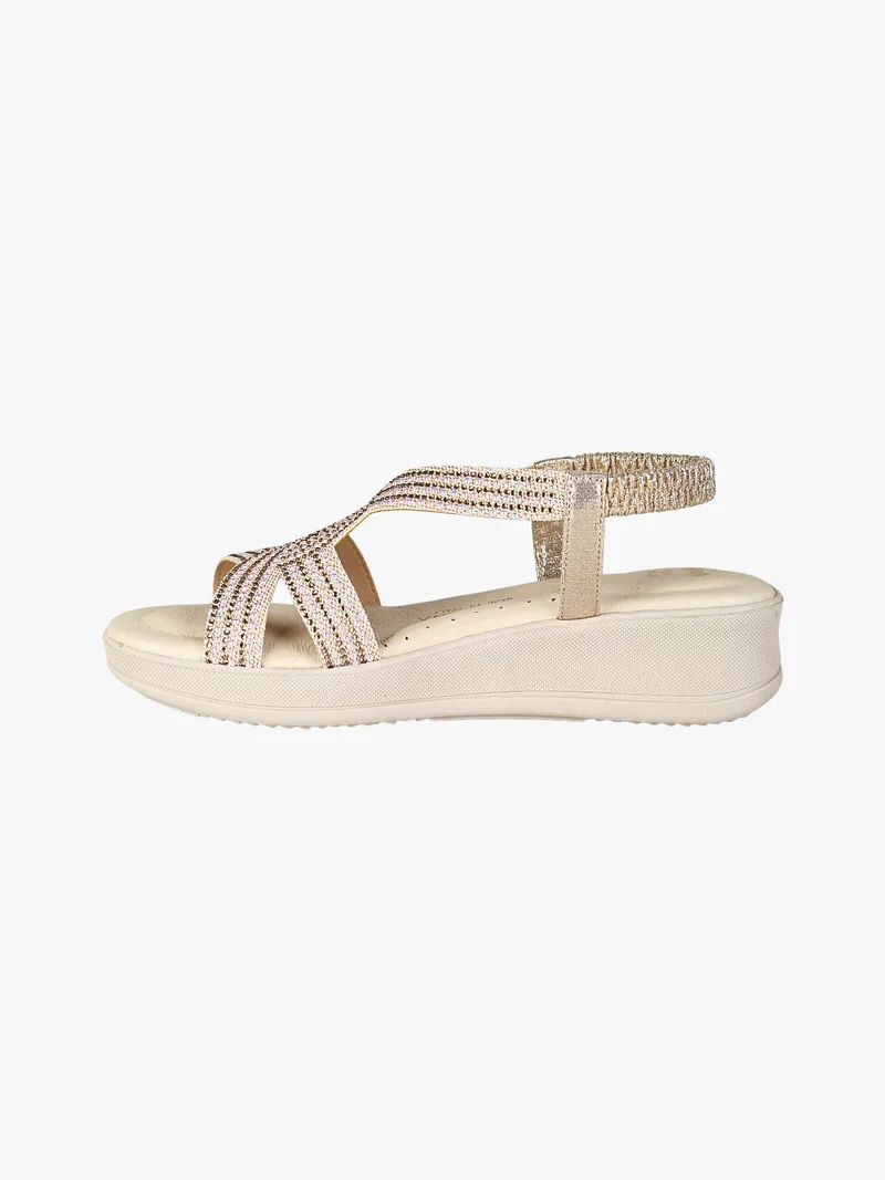Sandali donna strass con zeppa e cinturino elastico - platino