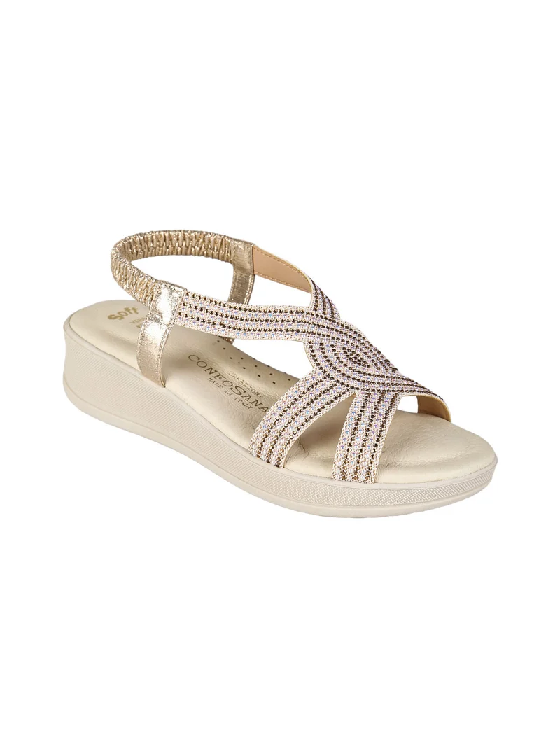Sandali donna strass con zeppa e cinturino elastico - platino