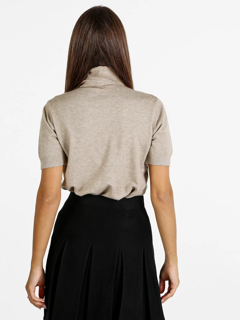Maglia donna dolcevita a maniche corte - sabbia