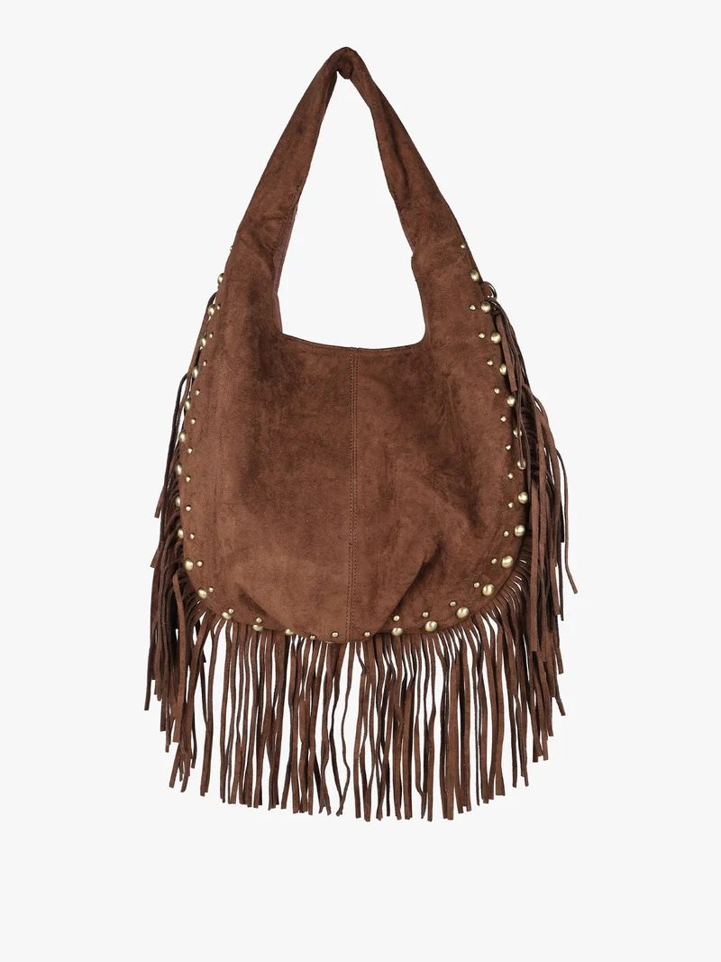 Borsa scamosciata da donna con nappine e borchie - moro