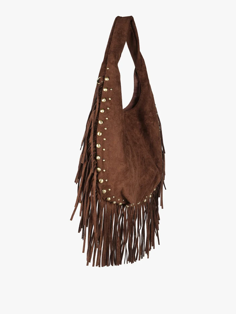 Borsa scamosciata da donna con nappine e borchie - moro