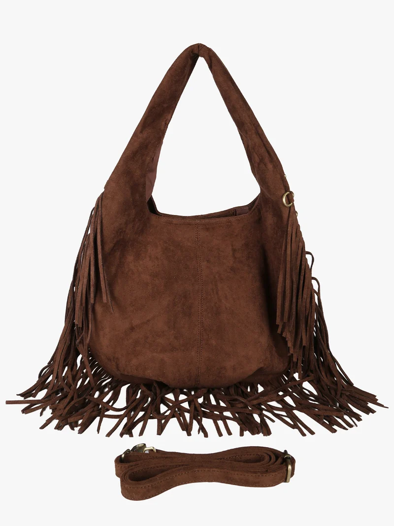 Borsa scamosciata da donna con nappine e borchie - moro