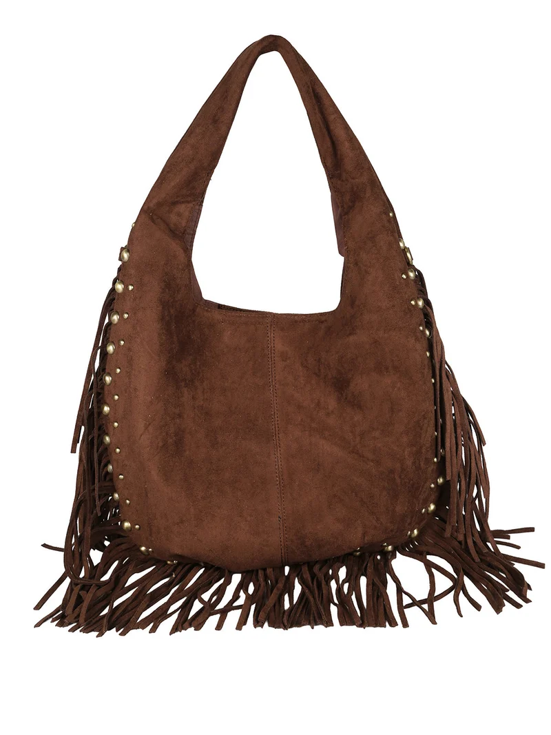Borsa scamosciata da donna con nappine e borchie - moro