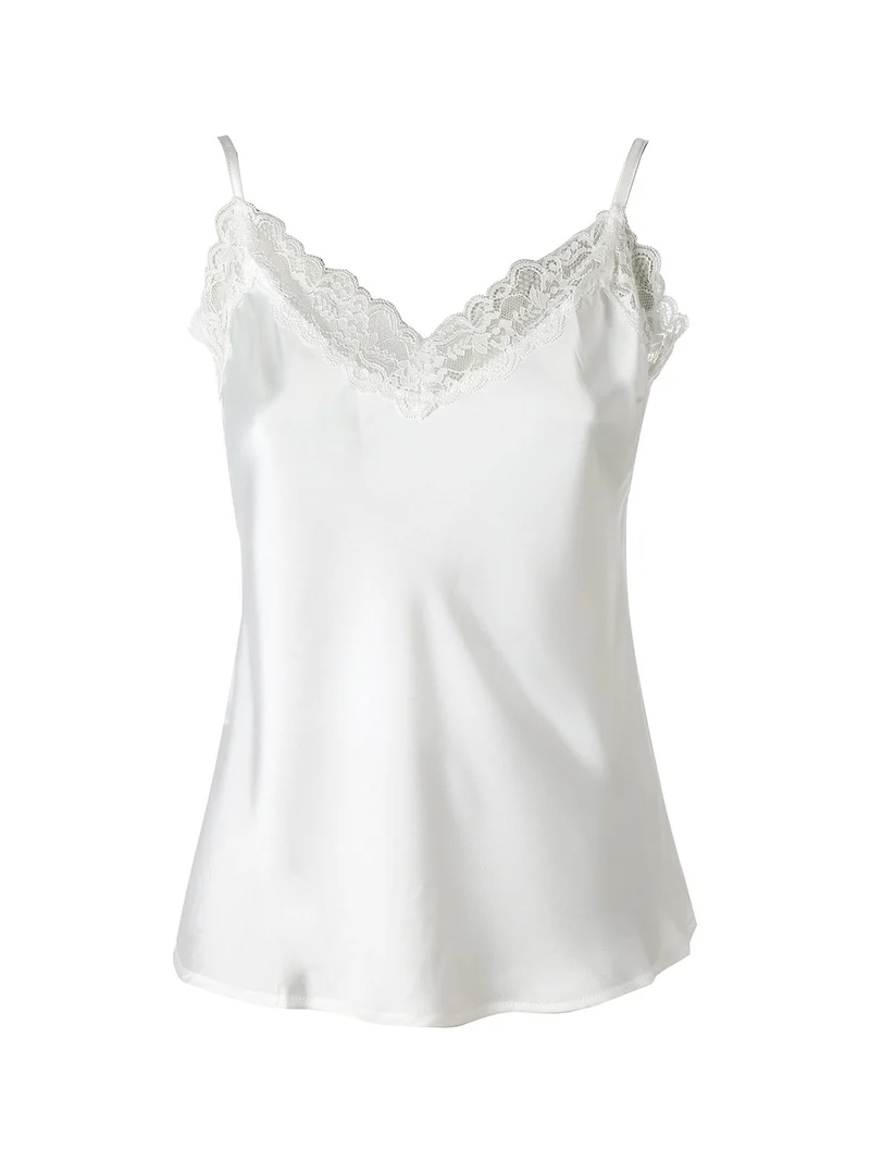 Top donna effetto raso con scollo in pizzo e spalline strette - bianco