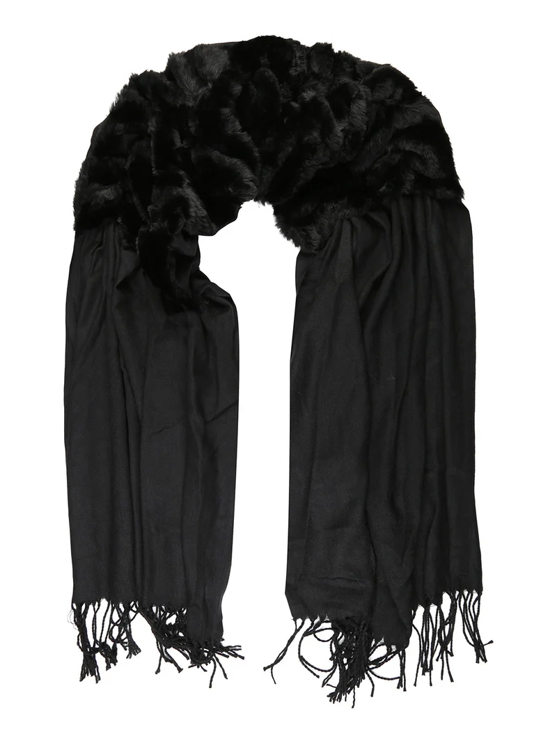 Sciarpa donna con ecopelliccia e frange - nero