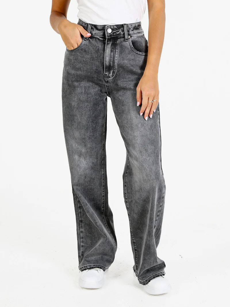 Jeans donna vita alta a gamba larga - grigio scuro