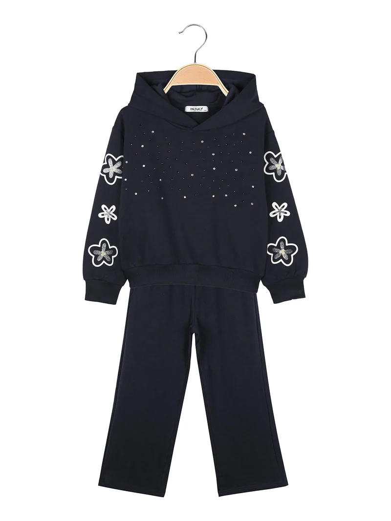 Completo 2 pezzi da bambina con cappuccio e strass - blu scuro