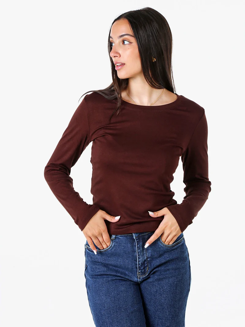 T-shirt donna a maniche lunghe con scollo tondo - moro