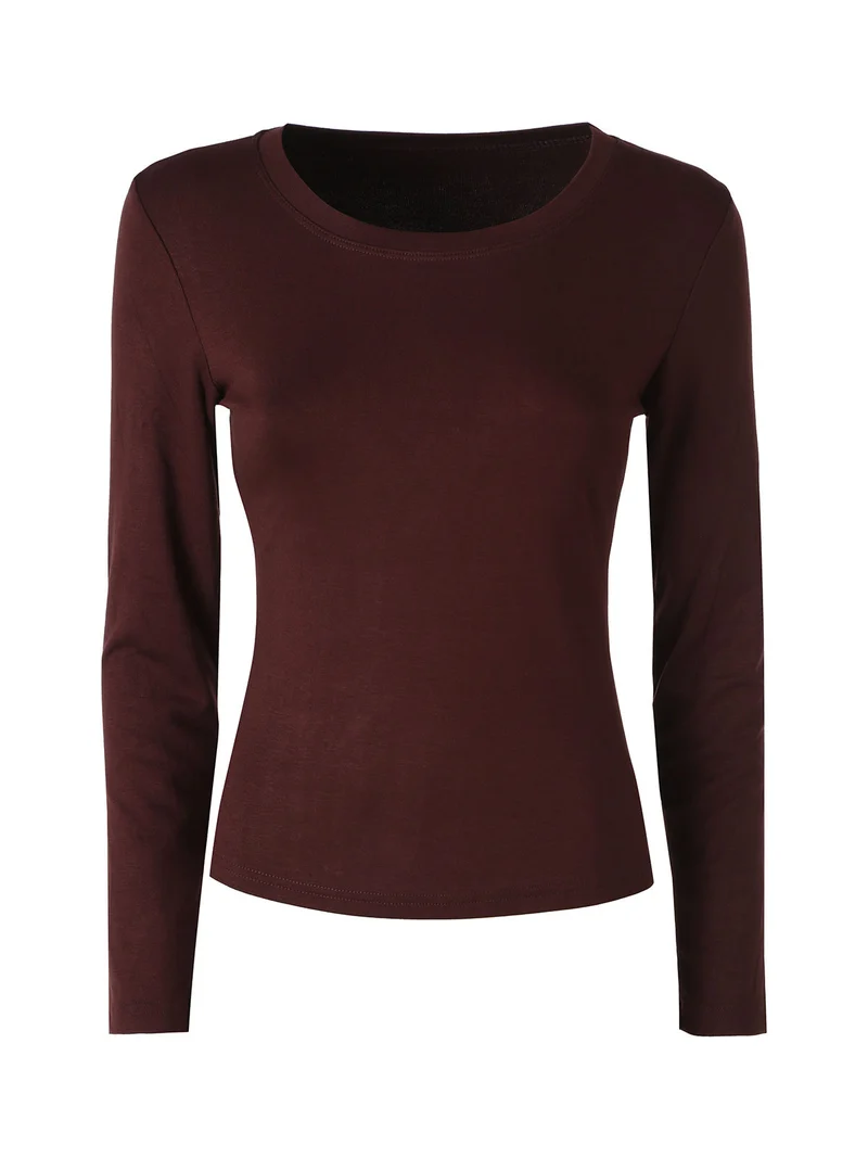T-shirt donna a maniche lunghe con scollo tondo - moro