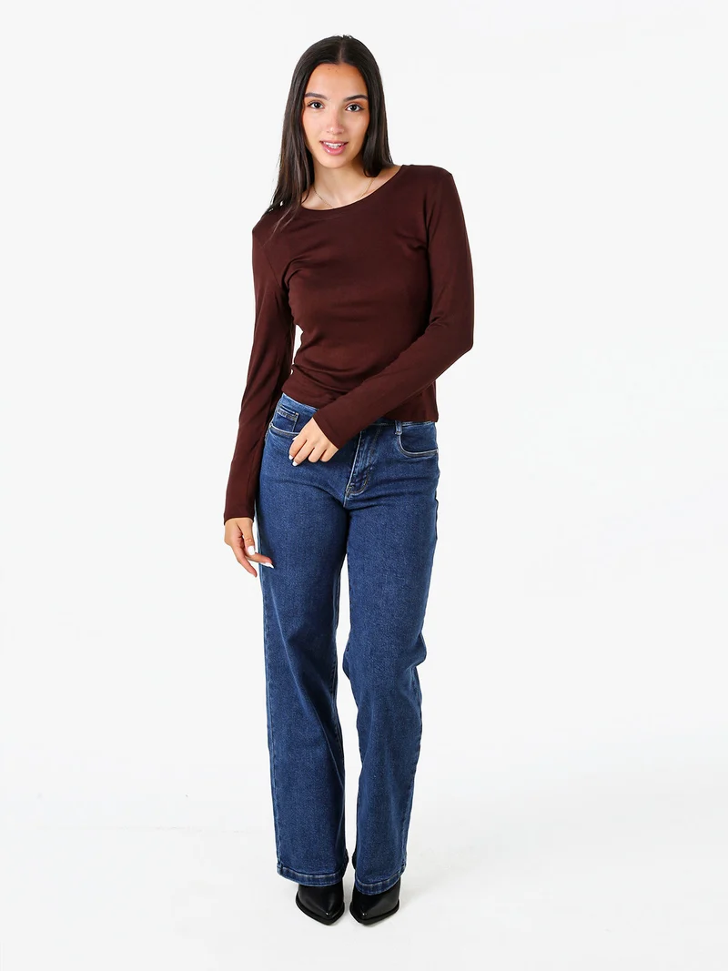 T-shirt donna a maniche lunghe con scollo tondo - moro