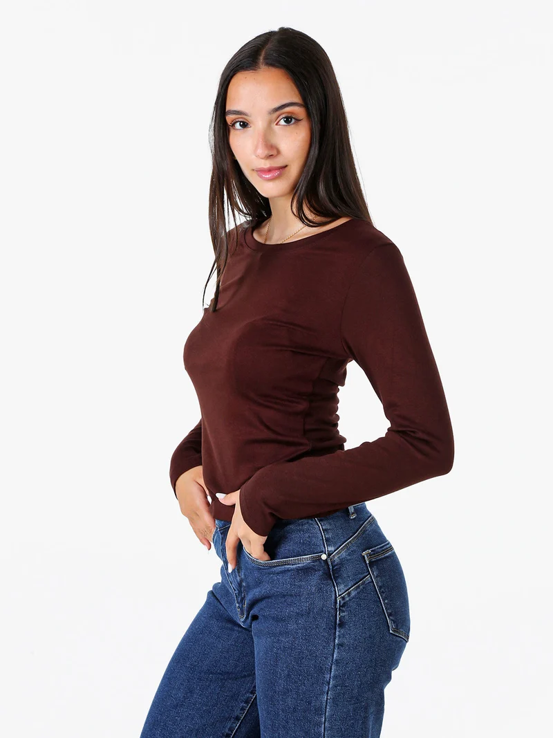 T-shirt donna a maniche lunghe con scollo tondo - moro