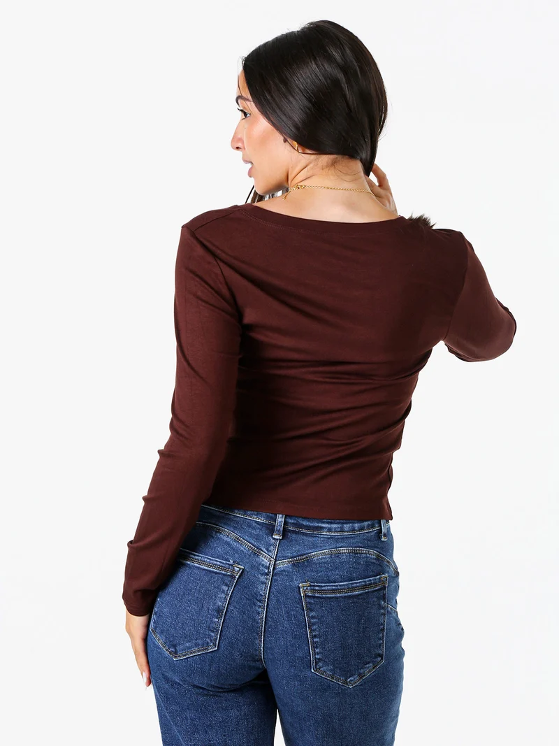 T-shirt donna a maniche lunghe con scollo tondo - moro