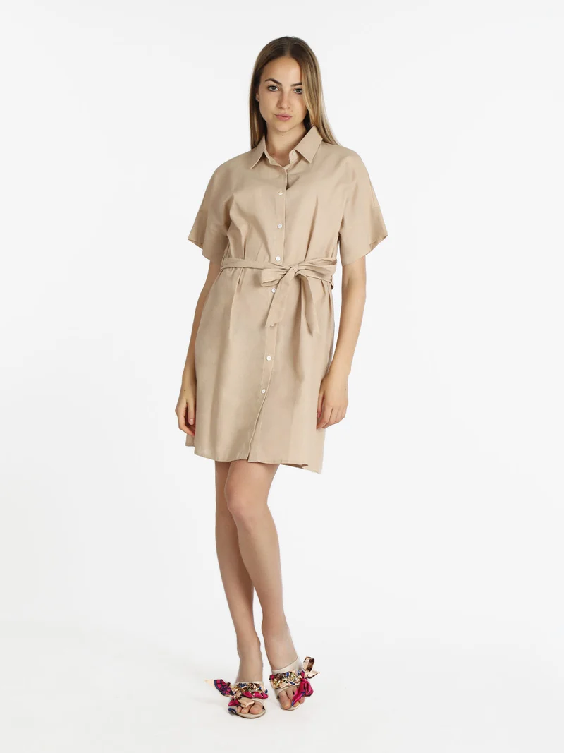 Abito a camicia in cotone maniche corte - beige