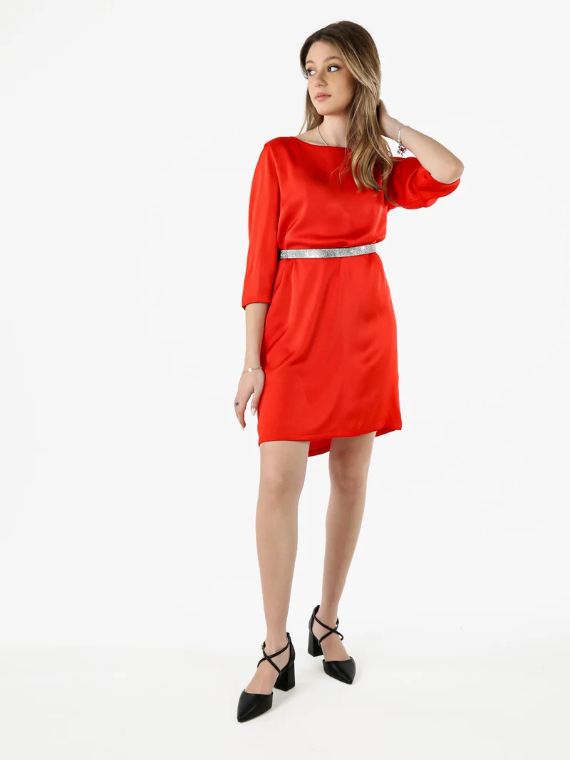 Vestito donna con maniche a 3/4 in tessuto effetto raso - rosso