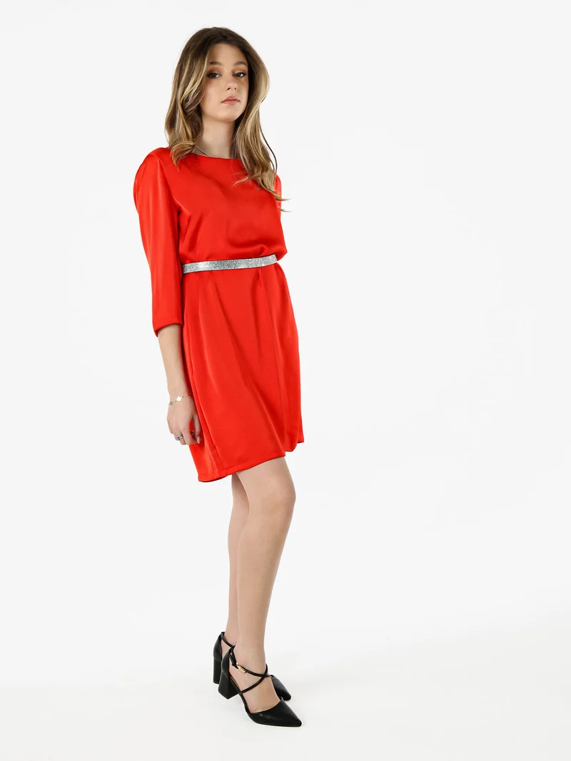 Vestito donna con maniche a 3/4 in tessuto effetto raso - rosso