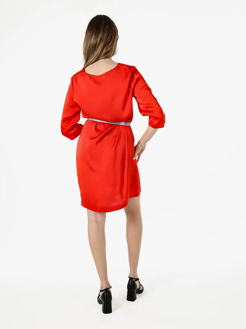 Vestito donna con maniche a 3/4 in tessuto effetto raso - rosso