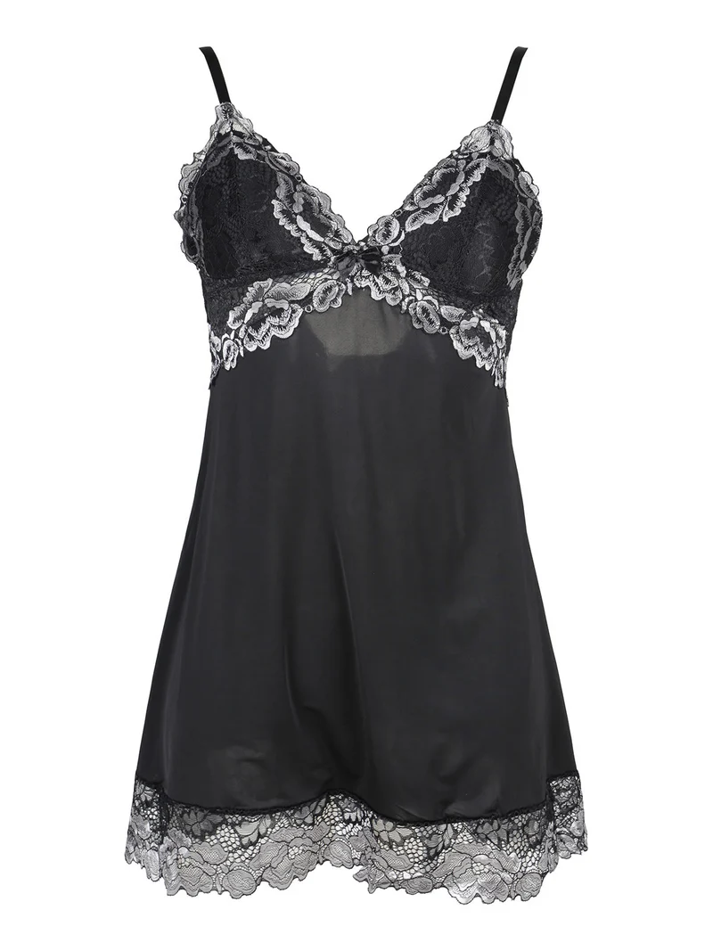 Baby doll con pizzo + perizoma - nero