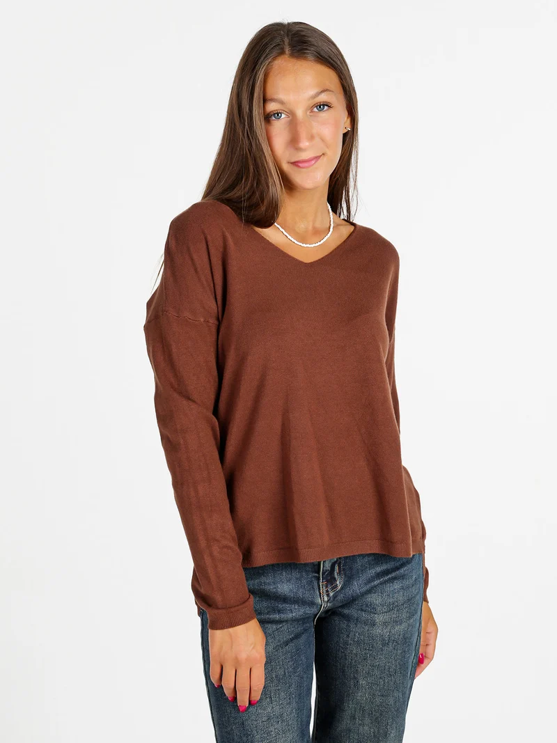 Pullover donna in maglia con scollo a V - moro