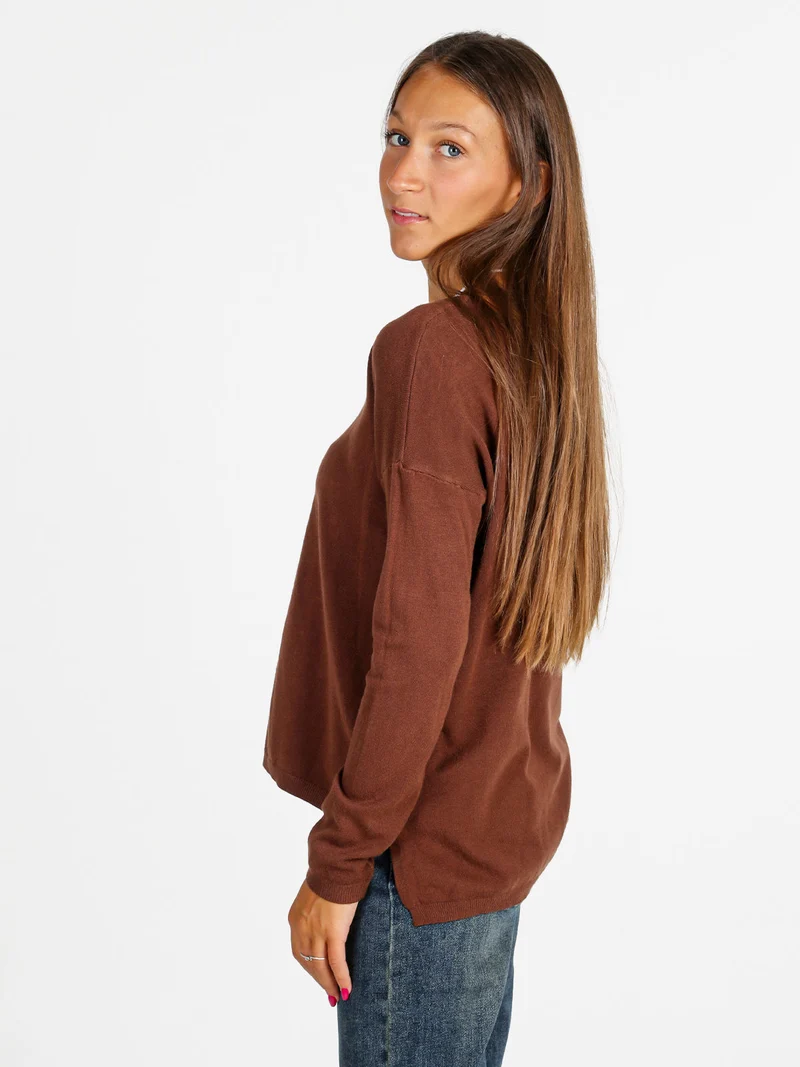 Pullover donna in maglia con scollo a V - moro