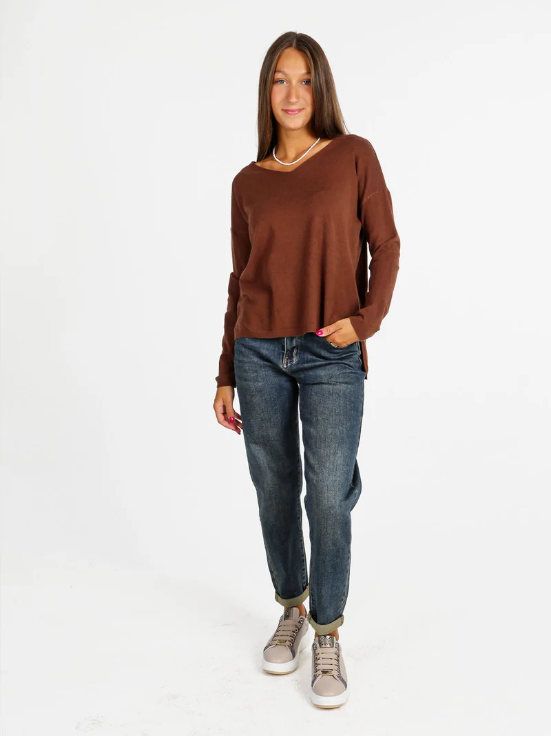 Pullover donna in maglia con scollo a V - moro