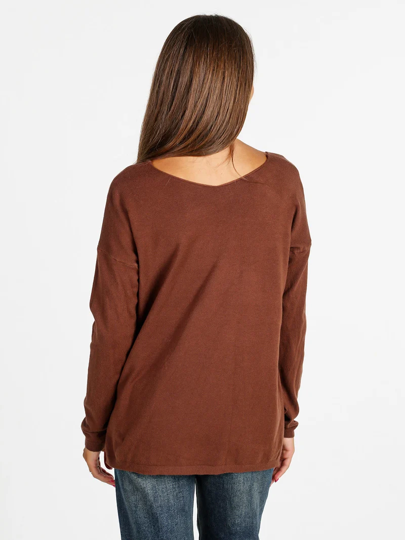 Pullover donna in maglia con scollo a V - moro