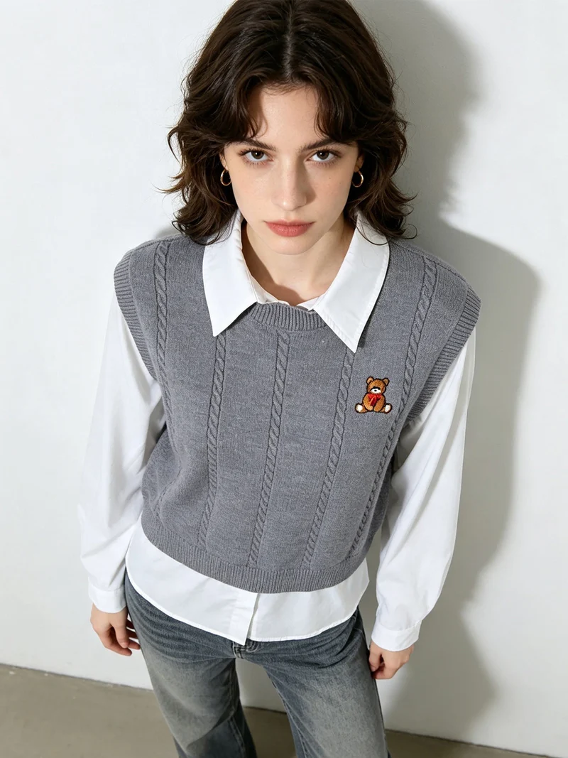 Maglione donna con inserto a camicia - grigio